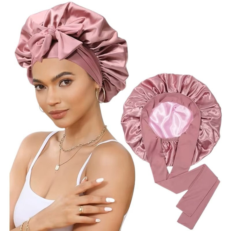 Adjustable Satin Silk Lined Double Layer Hair Bonnet With Tie Band