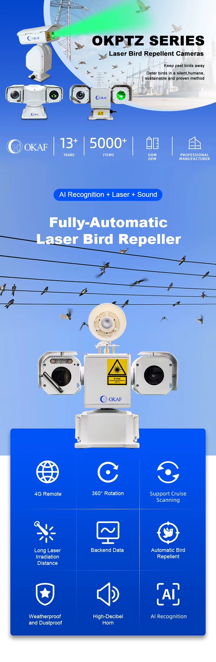 Laser Bird Repellent PTZ Camera with Speaker Bird Detection for Substation