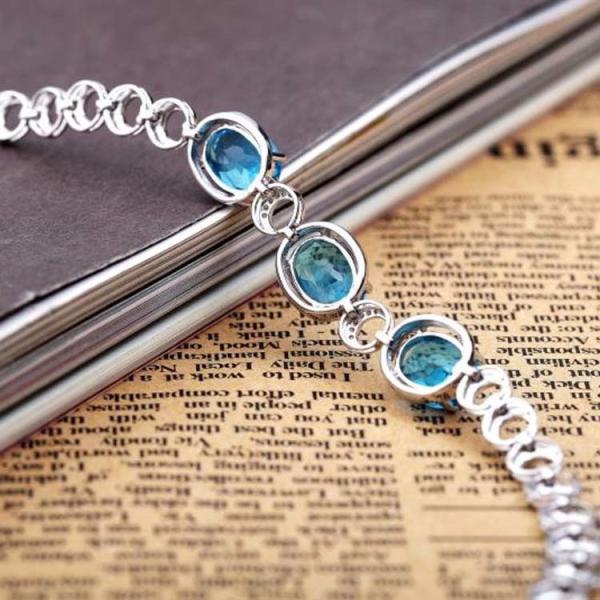 Fashion Jewelry Created Blue Topaz Cubic Zircon 925 Silver Link Chain Bracelet (H01)