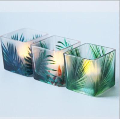 holiday 6x6x6cm square cup glass candle with rainforest pattern candle holder