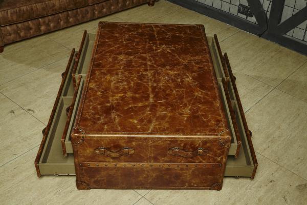Antique Brown Vintage Leather Trunk Coffee Table 6 Drawers For Hotel / Home
