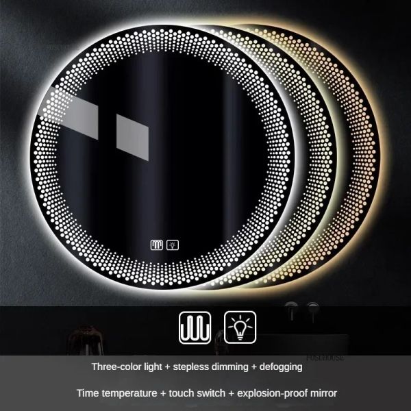 Simple flameproof Led Smart Touch Screen Anti-fog Round Sensor Mirror with Light(WH-MR-101)