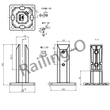 Surface Mount Square Glass Spigot H160 with EPDM Gasket & Cover Ring 2205 Duplex NATA Tested FSP/A-SD