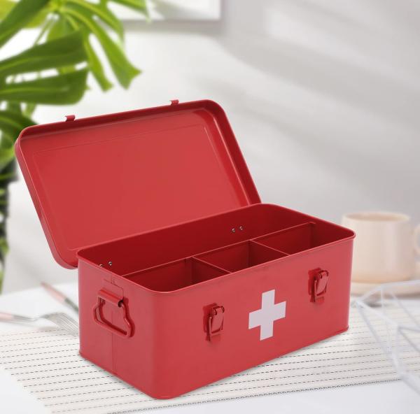 First Aid Kit Supplies Bin, Metal Medicine Storage Tin, First Aid Empty Box with Safety Lock Home Emergency Tool Set