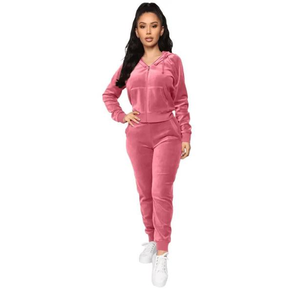                  High Quality Velvet Custom Zip Hoodie Joggers Two Piece Velour Tracksuit Women             
