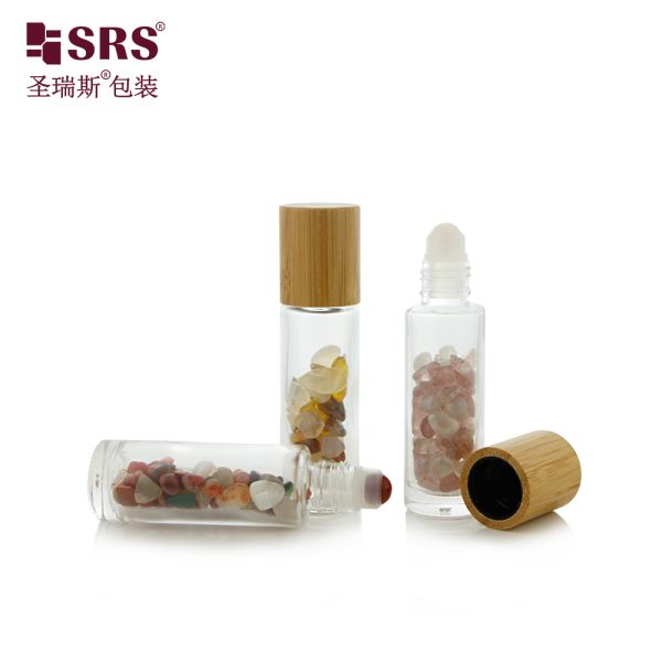 BLPM-15ML Clear Glass Roll on Bottle Bamboo Cap Natural Crystal Gravel Essential Oil Perfume Cosmetic Roller Container