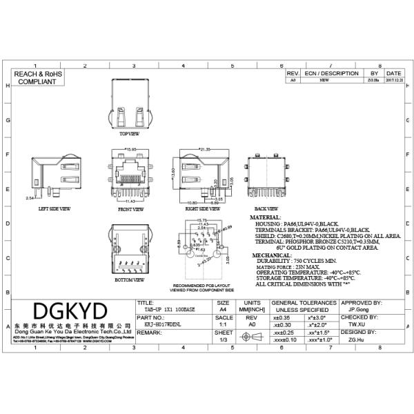 Single Port Megabit ethernet RJ45 PCB Connector , RJ45 Shielded Plug 100BASE