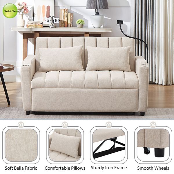Modern Fabric Pull Out Sofa Bed with USB Charging Port & Cup Holder Saving-Sapce 2 Seater Sofa Convertible Sleeping Folding Sofa Bed
