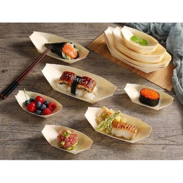 Boat Shaped Biodegradable Disposable Wooden Plate Serving Trays ODM