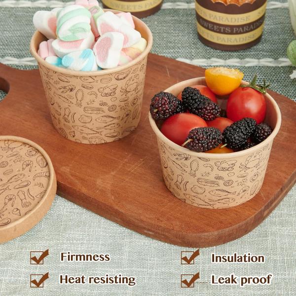 Eco Friendly Recyclable Custom Logo Takeout Round Kraft Paper Salad Noodle Pasta Risotto Lunch Cup Bowl With Lid