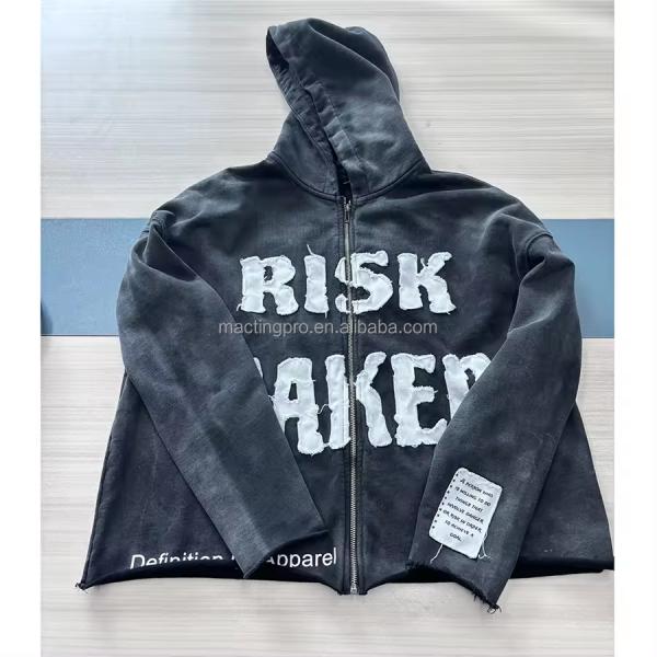 Brown Blue Black Distressed Hoodie Mens Autumn Season Embroidery Boxy Zip Up Hoodie