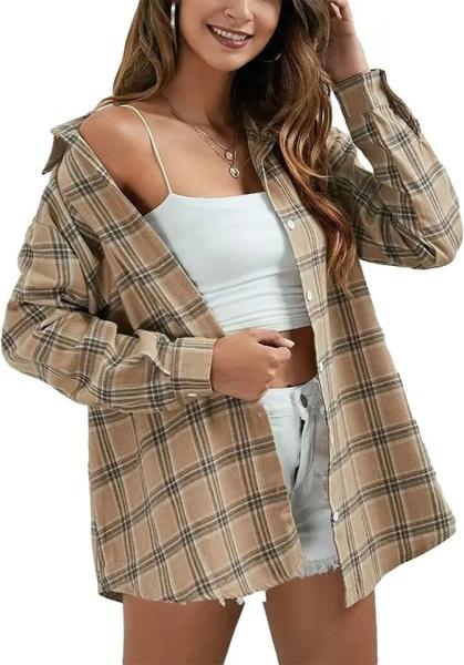                  Women′s Flannel Plaid Shirts Button Down Regular Fit Long Sleeve Casual Shirts Pure Cotton Oversized Blouse             