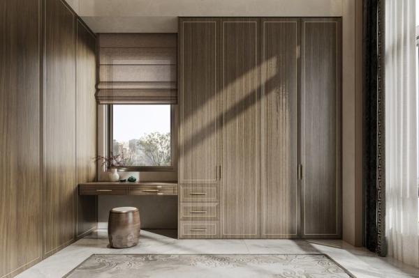 Elegante armario de madera marrón claro con acentos amarillos y rico contraste de madera oscura