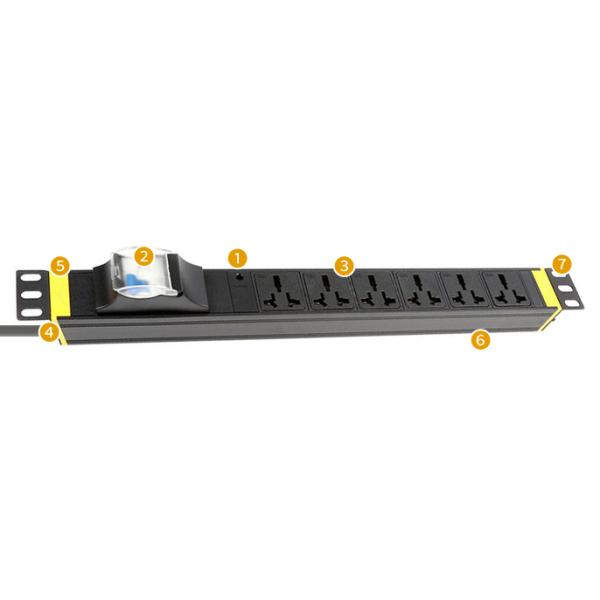 1U 6 way Cabinet PDU with Earth Leakage protection and Power Light 250V, 16A Universal