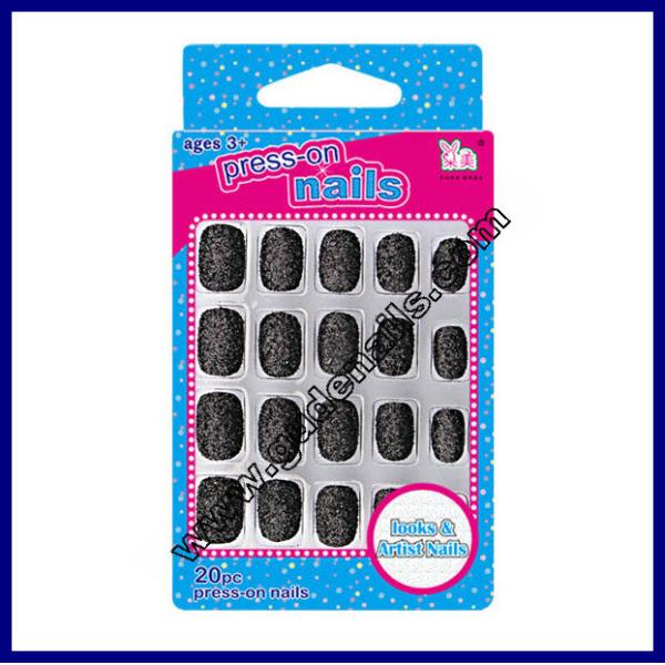 Pre Glued matte black fake nails for little girls , japanese fake nails