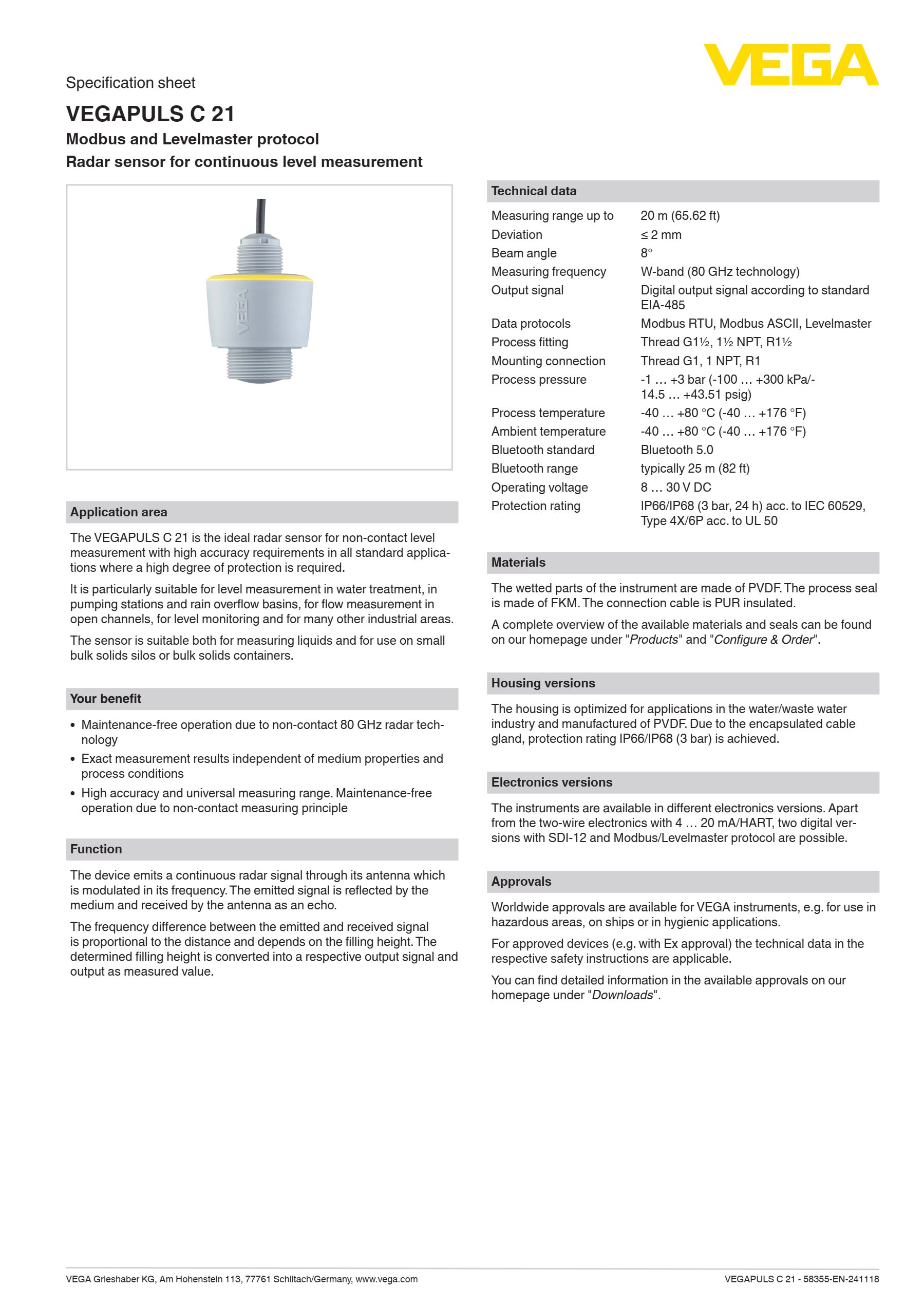 VEGA Non Contact Radar Sensor VEGAPULS C 21 For Continuous Level Measurement