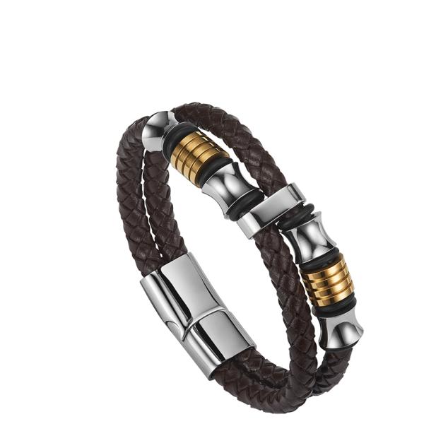 High quality body jewelry double stainless steel woven leather bracelet with magnetic clasp