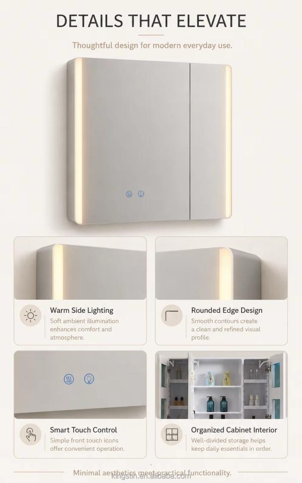 Kingstin Custom ABS LED Bathroom Mirror Cabinet with Storage for Hotels and Homes, 3 Color Temperatures and 5 Flexible Options