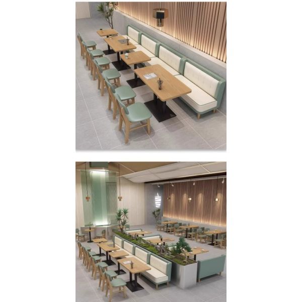 Modern Green Leather Restaurant Booth Seating Wooden Coffee Shop Table and Chair Fireproof Board Dining Table Set