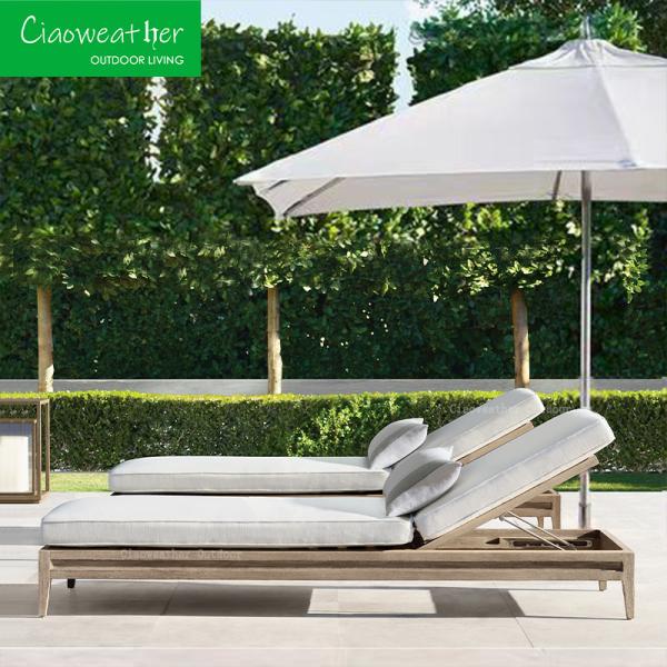 Modern Style Outdoor Sun Bed Furniture with Waterproof Cushions and Nordic Design Teak Wood Chaise Lounge Recliner