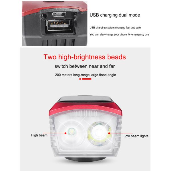 Blue Solar and USB Charging Bike Light 2000mAh Front Headlight for MTB Road Cycling