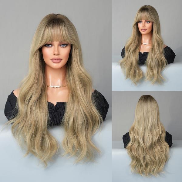 Fashion Long Body Wave Dark Root Hair  Blonde Synthetic Wigs For Women