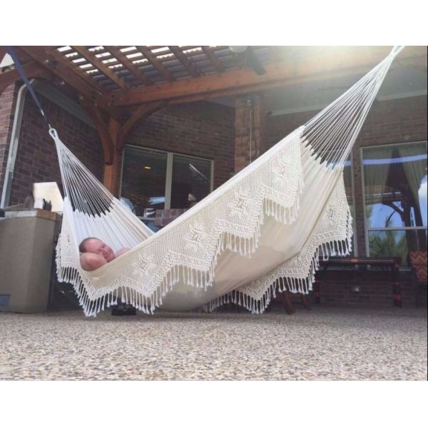 Cotton Woven Balcony 2 Person Nylon Hammock Weave Patio Chair With Crochet Fringe