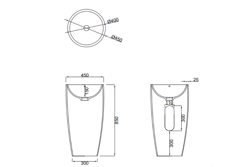 Curved Cloakroom Pedestal Basin Freestanding Micropore Free Solid Surface