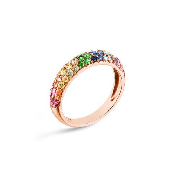 Anillo racimo de plata de ley 925 con baño de oro de 18K y circonitas arcoíris