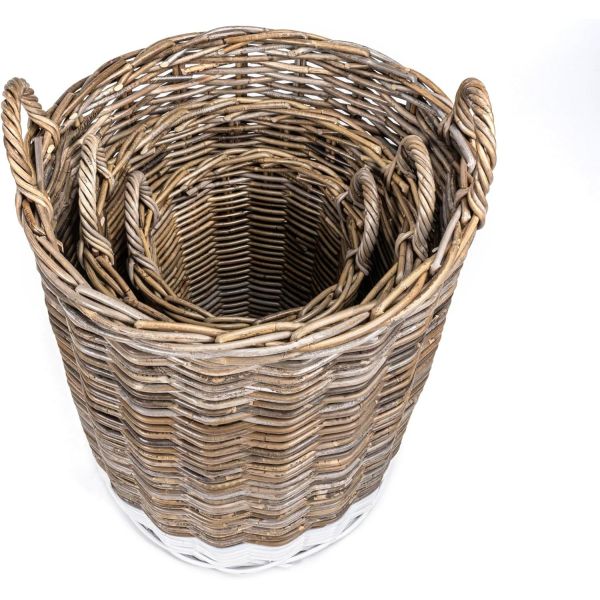 Rattan Kobo Round Storage Basket, Handwoven Rattan Basket With Handles, Organization & Home Decor For Storage, Gray-Brown