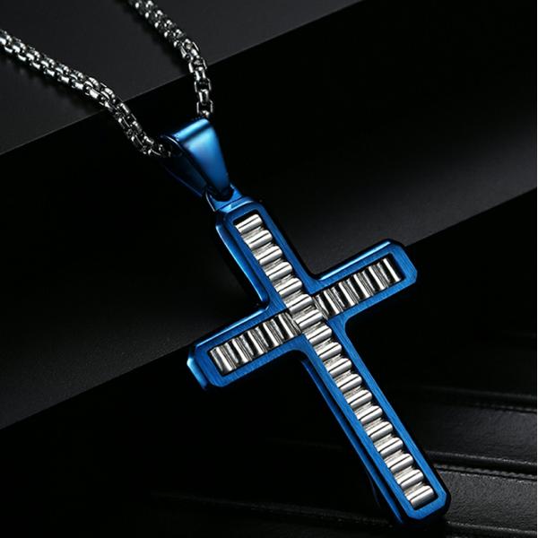 Nuevo colgante de cruz de moda azul Choker de oración para hombres collares de acero inoxidable Joyas finas