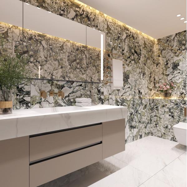 Sleek Stainless Steel Bathroom Vanity Cabinet White Quartz Top Gold Faucets And Square Mirror