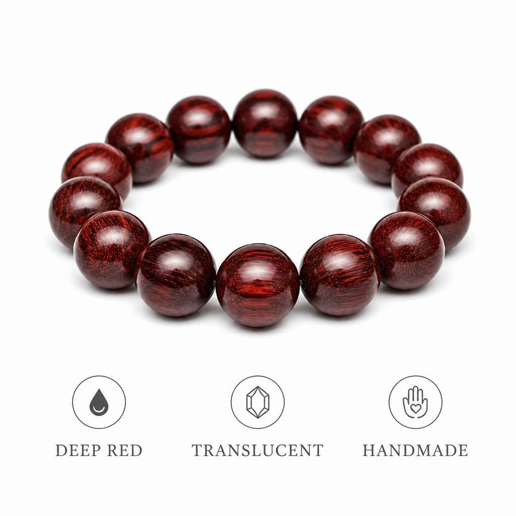 Handmade Natural Dragon Blood Wood Taoist Bracelet with Translucent Glow and Hand-Polished Beads