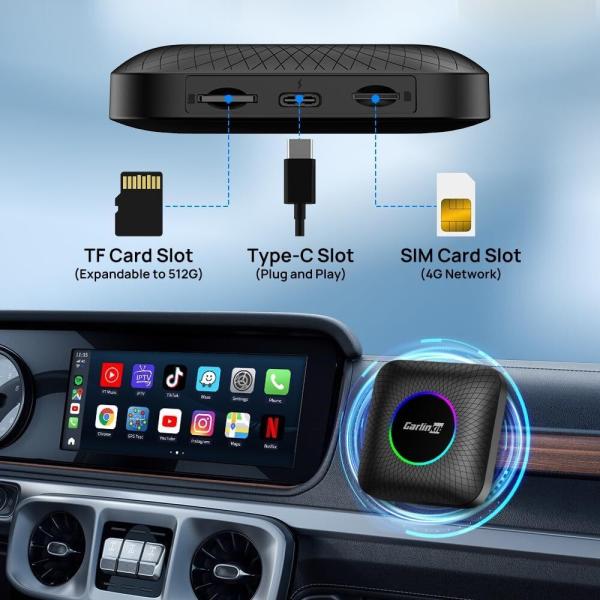 Multi-média TBox Dongle ambiant Android 13 SDM660 Adapteur sans fil CarPlay Android Auto 128GB FOTA Mise à niveau SIM TF Ai Box
