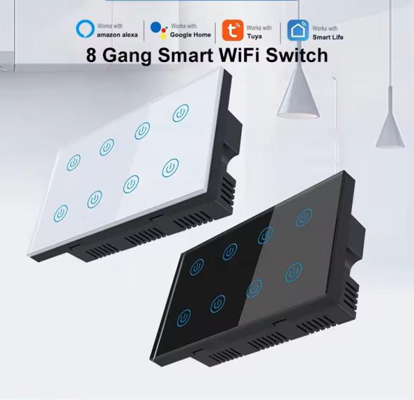 Glomarket Smart Home 8 Gang Wall Switch US Standard Tuya Voice APP Remote Control Wireless Wall Touch Light Switch
