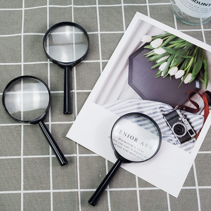 Custom Printed Wholesale Cheap 5x 60/70/80/90/100 mm Handheld Glass Lens Black Magnifying Glass for Reading