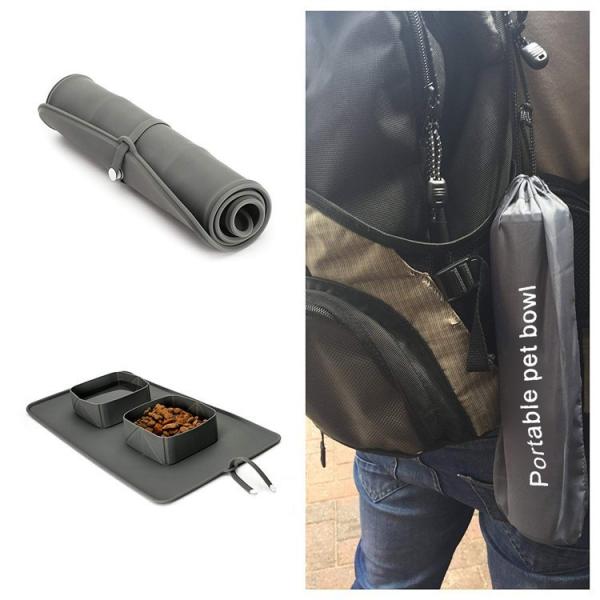 Nourriture portative de cuvette de chien de chien de cuvette d'animal familier de pliage de silicone de cuvette d'animal familier de double de cuvette de flanelle de sac de chien animal familier extérieur antidérapant de cuvette