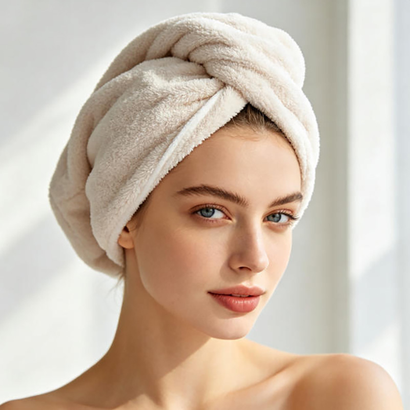 300gsm 25x65cm 80/20 Microfiber Coral Fleece Hair Towel Turban Custom Quick Dry