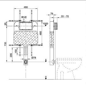 Hidden Installation Toilet Tank Fittings In Wall Toilet Cistern 78mm Thickness