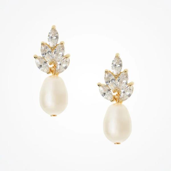 18K Gold Plated Leaf Bridal Earrings White Pearls Leaf Earrings Wedding