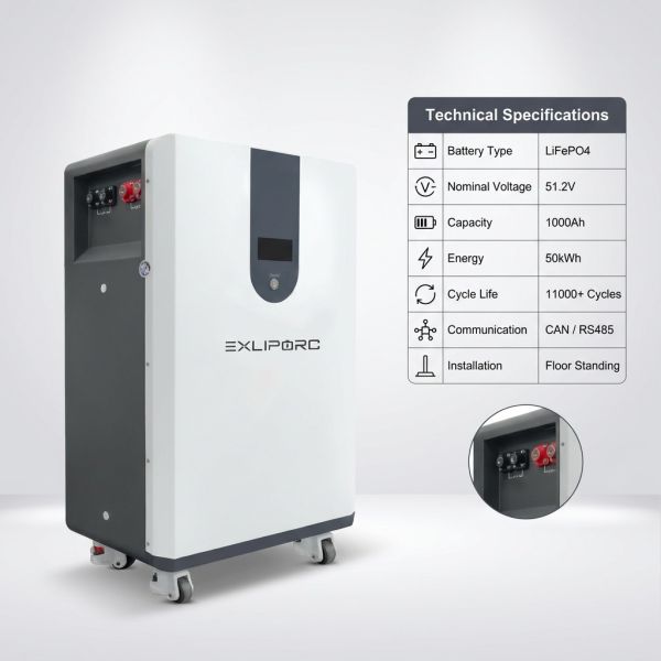 50kWh Lithium Battery Energy Storage System for Solar Power | 51.2V LiFePO4 Battery Pack for Large Commercial and Home Use