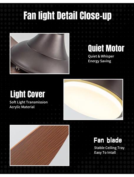 Ventilateur de plafond en bois massif de style pop avec moteur à courant continu et lumière LED
