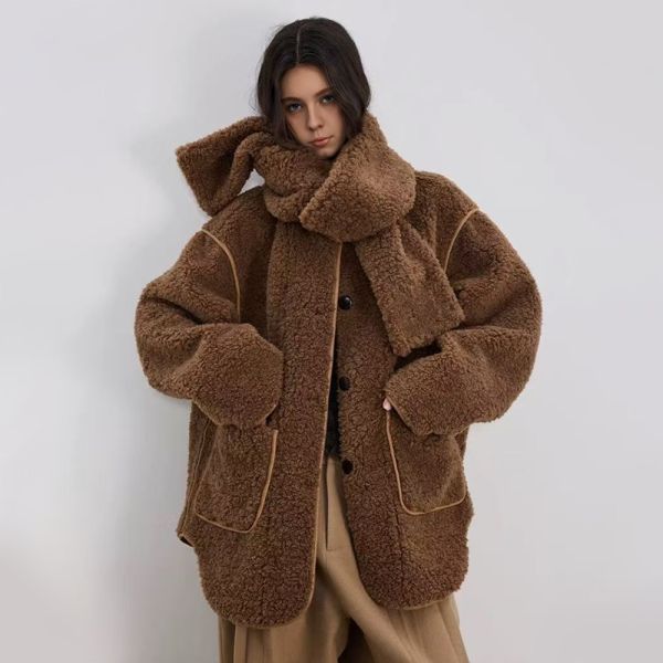 Teddy Colored Faux Sheep Fur One Piece Plush Coat With A Scarf Included