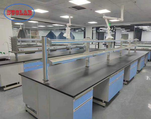Cores azuis claras Madeira de laboratório Ilha de mesa de trabalho Série de móveis de laboratório