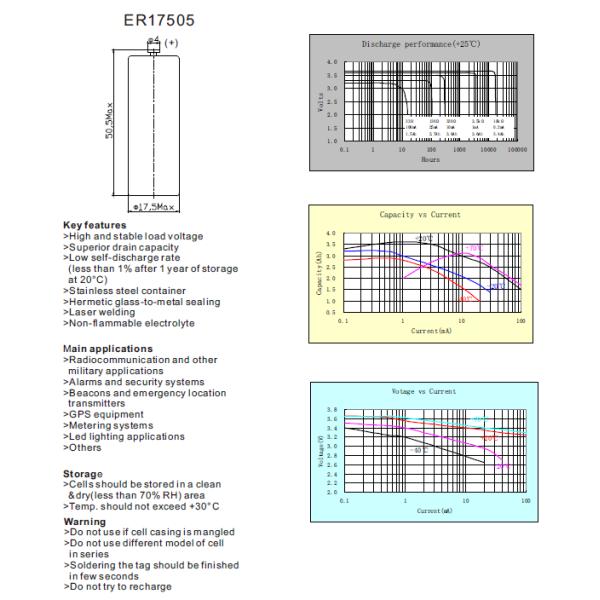 ER17505 Lithium Thionyl Chloride Battery 3.6V 3500mAh with Long Service Life for Intelligent Instrumentation