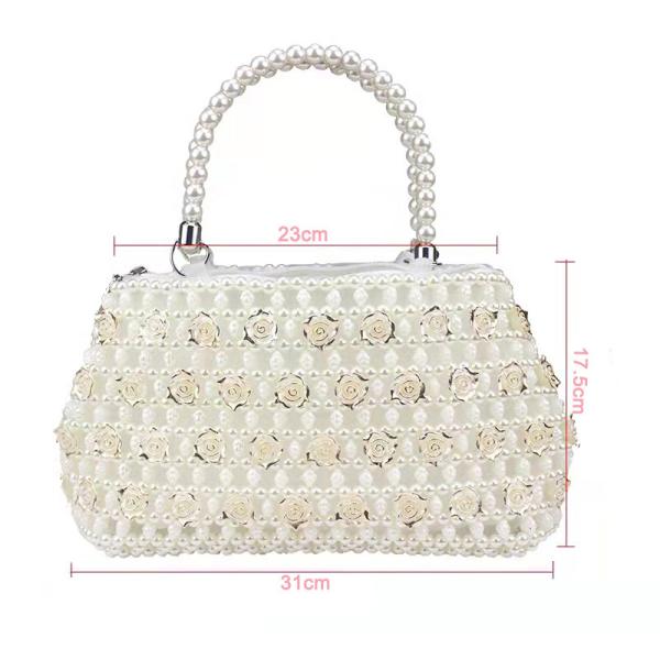 White 6mm Pearl Clutch Handbag Hand Woven Gold Rose shape OEM ODM