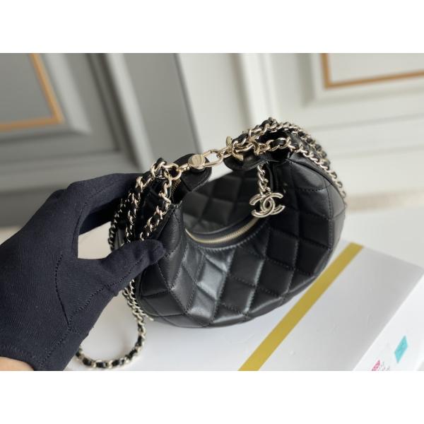 Black Chain Mini Sling Bag Branded Chanel Hobo Handbag Calfskin Leather