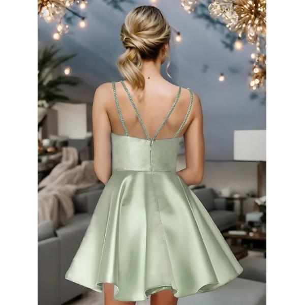 Satin Spaghetti Strap A-line Backless Short Graduation Dress Sage Green