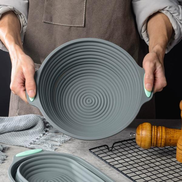 Premium Silicona Acidez de Prueba de Pan y Cesta de horneado - Incluye Oval y redondo Cuencos Plegables (9.5 pulgadas) - Horno y lavadora de platos, regalos para panaderos artesanales