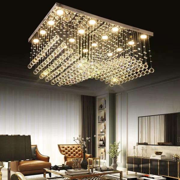 Customized Modern Living Room LED Wave Rectangular String Crystal Lamp Hotel Engineering Crystal Hanging Chandeliers